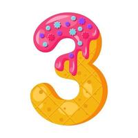 Donut cartoon three number vector illustration. Biscuit font style. Glazed bold symbol with icing. Tempting flat design typography. Cookies, waffle math sign. Pastry, bakery isolated clipart