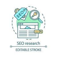 SEO research concept icon. Search engine optimization idea thin line illustration. Digital marketing. SEO analysis. Keyword search. Website ranking. Vector isolated outline drawing. Editable stroke