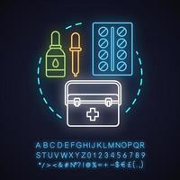 First aid kit neon light concept icon. Medical treatment idea. Medications. Drops, dropper and pills blister. Glowing sign with alphabet, numbers and symbols. Vector isolated illustration