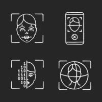 Facial recognition chalk icons set. Biometric identification. Faceprint analysis, face scan smartphone app rejection, binary code, 3d ID scnner. Isolated vector chalkboard illustrations