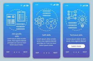 Skills blue gradient onboarding mobile app page screen vector template. Professional qualities walkthrough website steps with linear illustrations. UX, UI, GUI smartphone interface concept