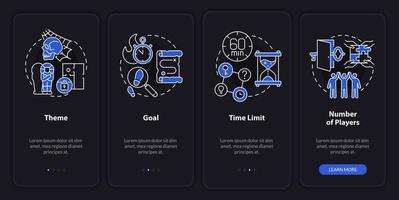 Escape rooms elements night mode onboarding mobile app screen. Walkthrough 4 steps graphic instructions pages with linear concepts. UI, UX, GUI template. Myriad Pro-Bold, Regular fonts used vector