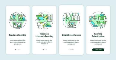 Smart farming onboarding mobile app screen. Precision agriculture walkthrough 4 steps graphic instructions pages with linear concepts. UI, UX, GUI template. Myriad Pro-Bold, Regular fonts used vector