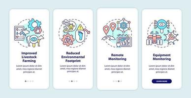 la agricultura inteligente beneficia la incorporación de la pantalla de la aplicación móvil. tutorial de control remoto páginas de instrucciones gráficas de 4 pasos con conceptos lineales. interfaz de usuario, ux, plantilla de interfaz gráfica de usuario. innumerables fuentes pro-negrita y regulares utilizadas vector