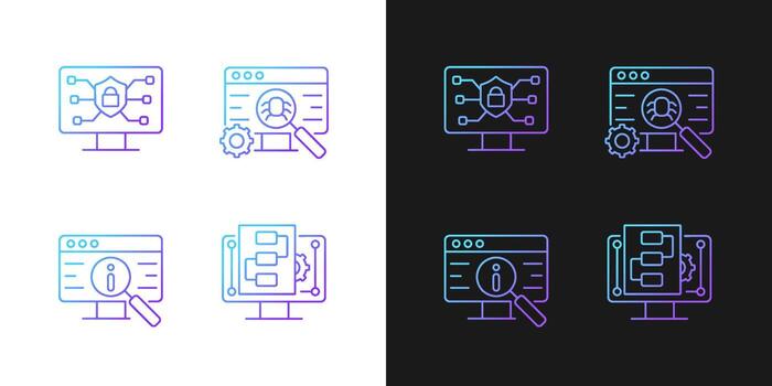Use of digital technologies gradient icons set for dark and light mode. Staying safe online. Thin line contour symbols bundle. Isolated vector outline illustrations collection on black and white