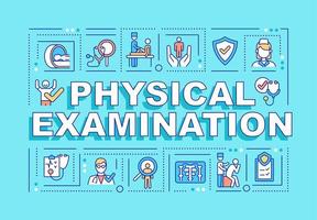 Physical examination word concepts banner. Medical checkup. Infographics with linear icons on blue background. Isolated creative typography. Vector outline color illustration with text