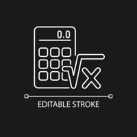 Algebra white linear icon for dark theme. Calculator, radical symbol. Mathematical calculations. Thin line customizable illustration. Isolated vector contour symbol for night mode. Editable stroke