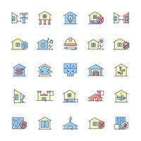 Building safety requirements RGB color icons set. Remodeling house. Standards for buildings design. New construction inspection. Isolated vector illustrations. Simple filled line drawings collection