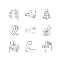 Joint inflammation linear icons set. Rheumatoid arthritis. Muscle weakness. Swelling in ligaments. Customizable thin line contour symbols. Isolated vector outline illustrations. Editable stroke