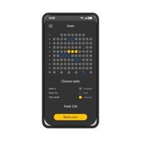 Movie seats booking smartphone interface vector template. Mobile app page black design layout. Cinema, concert tickets purchase screen. Flat UI for application. Online places reservation phone display