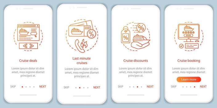 Cruise onboarding mobile app page screen with linear concepts. Deals, last minute cruises, discounts, booking walkthrough steps graphic instructions. UX, UI, GUI vector template with illustrations