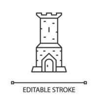 Castle tower linear icon. Thin line illustration. Medieval gatehouse. Fortified ancient building. Fort, citadel, fortress. Contour symbol. Vector isolated outline drawing. Editable stroke