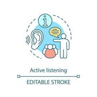 Active listening concept icon. Information transfer. Speaking man, group of people. Public speaking. Communication idea thin line illustration. Vector isolated outline drawing. Editable stroke