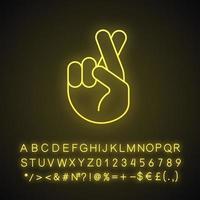 Fingers crossed emoji neon light icon. Luck, lie, superstition hand gesture. Hand with middle and index fingers crossed. Glowing sign with alphabet, numbers and symbols. Vector isolated illustration