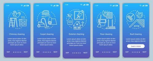 Additional cleaning services onboarding mobile app page screen vector template. Roof, carpet, exterior cleanup. Walkthrough website steps, linear illustration. UX, UI, GUI smartphone interface concept