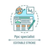 Ppc specialist concept icon. Copywriting idea thin line illustration. Digital marketing. Contextual ads. SEO manager. Online advertising. Targeting. Vector isolated outline drawing. Editable stroke