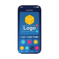 plantilla de interfaz de teléfono inteligente de la aplicación de creación de logotipos. creador de logotipos en línea, diseño de página móvil del constructor. sitio web del generador de logotipos comerciales, interfaz de usuario plana de la aplicación. pantalla de diseño de identidad de marca. pantalla del teléfono vector