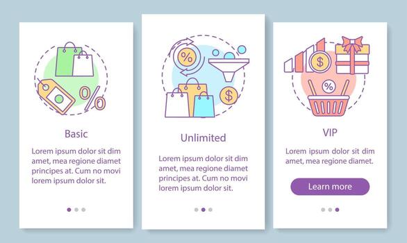 Discounts, bonuses subscription onboarding mobile app page screen with linear concepts. Basic, VIP tariff. Three walkthrough steps graphic instructions. UX, UI, GUI vector template with illustrations