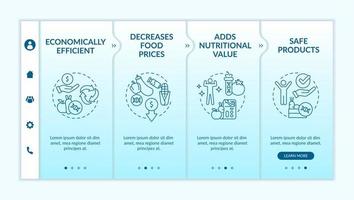 ventajas de la plantilla de incorporación de gradiente turquesa gmo. cuestiones de comida. sitio web móvil receptivo con iconos de concepto lineal. Tutorial de página web Pantallas de 4 pasos. lato-negrita, fuentes regulares utilizadas vector