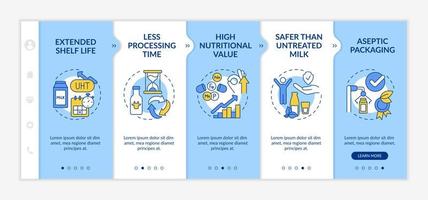Advantages of UHT milk blue and white onboarding template. Ultra pasteurization. Responsive mobile website with linear concept icons. Web page walkthrough 5 step screens. Lato-Bold, Regular fonts used vector