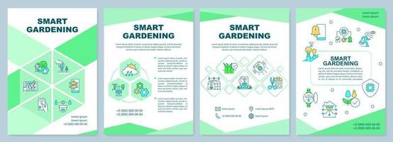 Smart gardening green brochure template. Automated systems. Leaflet design with linear icons. 4 vector layouts for presentation, annual reports. Arial-Black, Myriad Pro-Regular fonts used