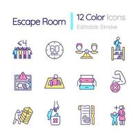 conjunto de iconos de color rgb de la sala de escape. entretenimiento familiar. regulaciones de seguridad. ilustraciones vectoriales aisladas. colección de dibujos de líneas llenas simples. trazo editable. fuente Quicksand-light utilizada vector