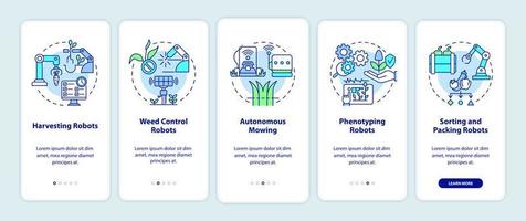 Robotics in agriculture onboarding mobile app screen. Harvesting robots walkthrough 5 steps graphic instructions pages with linear concepts. UI, UX, GUI template. Myriad Pro-Bold, Regular fonts used vector