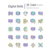 Digital skills RGB color icons set. Gaining literacy competencies in digital era. Technological proficiency. Isolated vector illustrations. Simple filled line drawings collection. Editable stroke