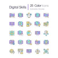 conjunto de iconos de color rgb de habilidades digitales. Adquirir competencias de alfabetización en la era digital. competencia tecnológica. ilustraciones vectoriales aisladas. colección de dibujos de líneas llenas simples. trazo editable vector