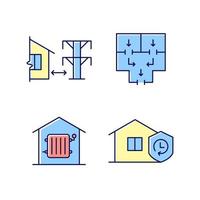 conjunto de iconos de color rgb de regulación de la construcción de viviendas. distancia de las líneas eléctricas. ruta de escape de incendios. calentamiento requerido. durabilidad. ilustraciones vectoriales aisladas. colección de dibujos de líneas rellenas simples vector