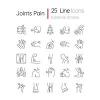 Joints pain linear icons set. Rheumatic diseases. Arthritis development. Muscles inflammation. Customizable thin line contour symbols. Isolated vector outline illustrations. Editable stroke