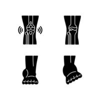 Arthritis leg pain black glyph icons set on white space. Degenerative joint disease. Bursitis condition. Muscles strains. Sprained ankle ligaments. Silhouette symbols. Vector isolated illustration