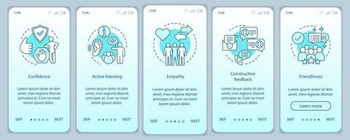 Cualidades personales que incorporan la plantilla de vector de pantalla de la página de la aplicación móvil. habilidades de comunicación. escucha, amabilidad, confianza. paso a paso del sitio web. ux, ui, concepto de interfaz de teléfono inteligente gui