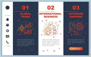 International business onboarding mobile app page screen vector template. Offshore banking, global trade walkthrough website steps with linear illustrations. UX, UI, GUI smartphone interface concept