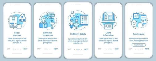 plantilla de vector de pantalla de página de aplicación móvil de incorporación de reserva de niñera. reserva de servicio de guardería. elección de niñera en el hogar. paso a paso del sitio web. ux, ui, concepto de interfaz de teléfono inteligente gui