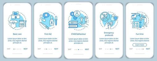 plantilla de vector de pantalla de página de aplicación móvil de incorporación de servicio de cuidado de niños. clases de niñeras. paso a paso del sitio web. pediatría. programa de cursos de puericultura. ux, ui, concepto de interfaz de teléfono inteligente gui