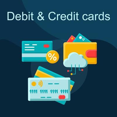 Debit and credit card flat concept vector icon. E-banking idea cartoon color illustrations set. E-wallet. E-payment. Financial transaction. NFC, debit, electronic card. Isolated graphic design element