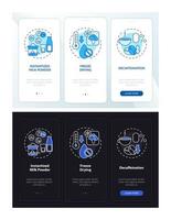 pantalla de aplicación móvil de incorporación de modo día y noche de tecnología alimentaria. tutorial 3 pasos páginas de instrucciones gráficas con conceptos lineales. interfaz de usuario, ux, plantilla de interfaz gráfica de usuario. innumerables fuentes pro-negrita y regulares utilizadas vector