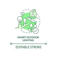 Smart outdoor lighting green concept icon. Farm innovation abstract idea thin line illustration. Sync with home network. Isolated outline drawing. Editable stroke. Arial, Myriad Pro-Bold fonts used vector