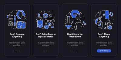 Escape room regulations night mode onboarding mobile app screen. Walkthrough 4 steps graphic instructions pages with linear concepts. UI, UX, GUI template. Myriad Pro-Bold, Regular fonts used vector