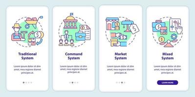 Economic system types onboarding mobile app screen. Selling and buying walkthrough 4 steps graphic instructions pages with linear concepts. UI, UX, GUI template. Myriad Pro-Bold, Regular fonts used vector