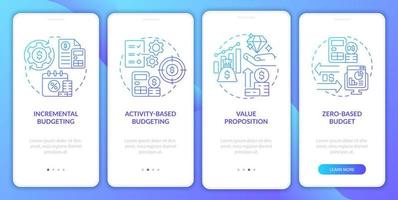 Budgeting types blue gradient onboarding mobile app screen. Plan approach walkthrough 4 steps graphic instructions pages with linear concepts. UI, UX, GUI template. Myriad Pro-Bold, Regular fonts used vector