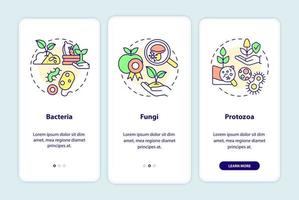 Agricultural microbiology onboarding mobile app screen. Bacteria, fungi walkthrough 3 steps graphic instructions pages with linear concepts. UI, UX, GUI template. Myriad Pro-Bold, Regular fonts used vector