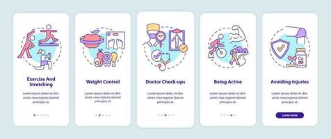 Risk of arthritis reduction onboarding mobile app page screen. Prevent disorder walkthrough 5 steps graphic instructions with concepts. UI, UX, GUI vector template with linear color illustrations