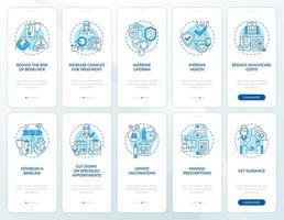 conjunto de pantalla de la página de la aplicación móvil de incorporación azul de revisión anual. Tutorial de beneficios y razones Instrucciones gráficas de 5 pasos con conceptos. ui, ux, plantilla vectorial gui con ilustraciones en color lineal vector