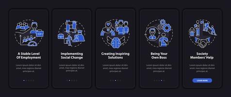 Benefits of social entrepreneurship dark onboarding mobile app page screen. Walkthrough 5 steps graphic instructions with concepts. UI, UX, GUI vector template with linear night mode illustrations