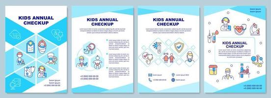 Kids annual checkup brochure template. Medical testing and exam. Flyer, booklet, leaflet print, cover design with linear icons. Vector layouts for presentation, annual reports, advertisement pages