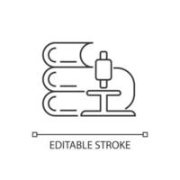 Science linear icon. Microscope, stack of books. Learning through experimentation. Science class. Thin line customizable illustration. Contour symbol. Vector isolated outline drawing. Editable stroke