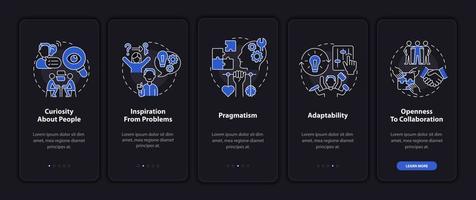 Characteristics of social entrepreneur dark onboarding mobile app page screen. Walkthrough 5 steps graphic instructions with concepts. UI, UX, GUI vector template with linear night mode illustrations