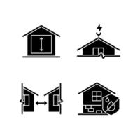 Building safe house black glyph icons set on white space. Minimum ceiling heights. Lightning rod. Distance between buildings. Damp proofing. Silhouette symbols. Vector isolated illustration